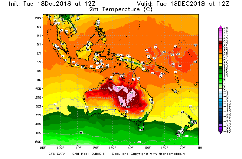 Mappa di analisi GFS - Temperatura a 2 metri dal suolo [°C] in Oceania
							del 18/12/2018 12 <!--googleoff: index-->UTC<!--googleon: index-->