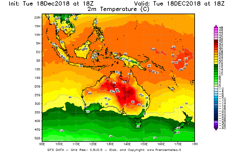 Mappa di analisi GFS - Temperatura a 2 metri dal suolo [°C] in Oceania
							del 18/12/2018 18 <!--googleoff: index-->UTC<!--googleon: index-->