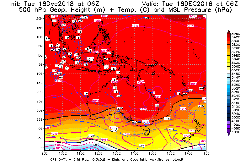 Mappa di analisi GFS - Geopotenziale [m] + Temp. [°C] a 500 hPa + Press. a livello del mare [hPa] in Oceania
							del 18/12/2018 06 <!--googleoff: index-->UTC<!--googleon: index-->
