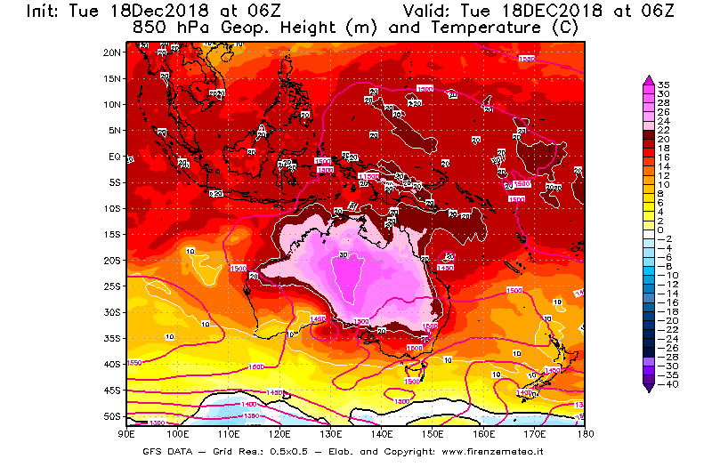 Mappa di analisi GFS - Geopotenziale [m] e Temperatura [°C] a 850 hPa in Oceania
							del 18/12/2018 06 <!--googleoff: index-->UTC<!--googleon: index-->