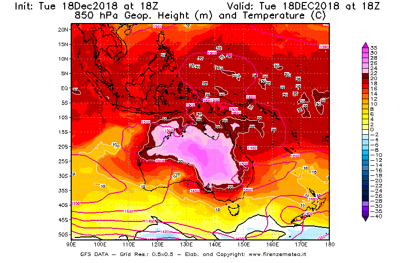 Mappa di analisi GFS - Geopotenziale [m] e Temperatura [°C] a 850 hPa in Oceania
							del 18/12/2018 18 <!--googleoff: index-->UTC<!--googleon: index-->