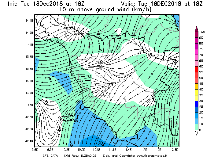 Mappa di analisi GFS - Velocità del vento a 10 metri dal suolo [km/h] in Toscana
							del 18/12/2018 18 <!--googleoff: index-->UTC<!--googleon: index-->