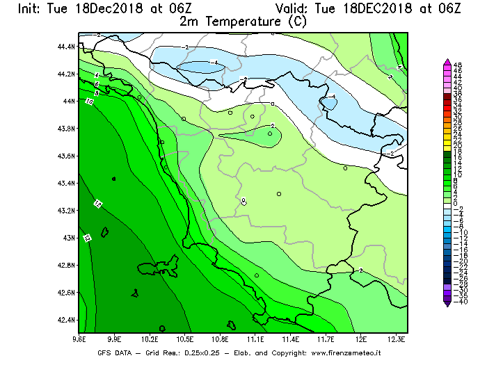 Mappa di analisi GFS - Temperatura a 2 metri dal suolo [°C] in Toscana
							del 18/12/2018 06 <!--googleoff: index-->UTC<!--googleon: index-->