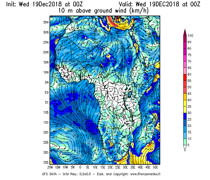 Mappa di analisi GFS - Velocità del vento a 10 metri dal suolo [km/h] in Africa
							del 19/12/2018 00 <!--googleoff: index-->UTC<!--googleon: index-->