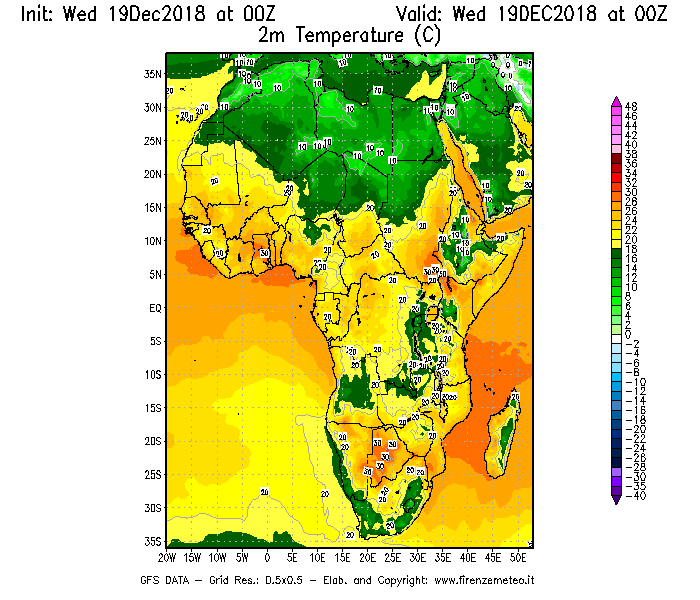 Mappa di analisi GFS - Temperatura a 2 metri dal suolo [°C] in Africa
							del 19/12/2018 00 <!--googleoff: index-->UTC<!--googleon: index-->