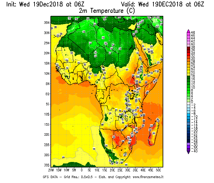 Mappa di analisi GFS - Temperatura a 2 metri dal suolo [°C] in Africa
							del 19/12/2018 06 <!--googleoff: index-->UTC<!--googleon: index-->