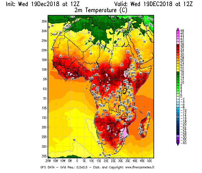Mappa di analisi GFS - Temperatura a 2 metri dal suolo [°C] in Africa
							del 19/12/2018 12 <!--googleoff: index-->UTC<!--googleon: index-->