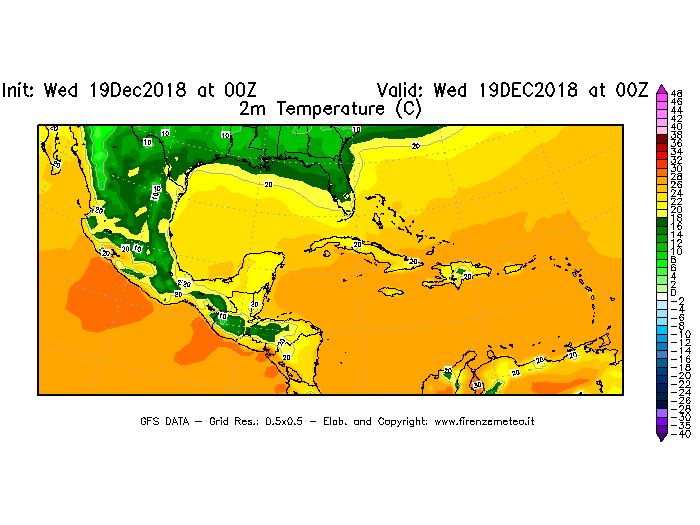 Mappa di analisi GFS - Temperatura a 2 metri dal suolo [°C] in Centro-America
							del 19/12/2018 00 <!--googleoff: index-->UTC<!--googleon: index-->