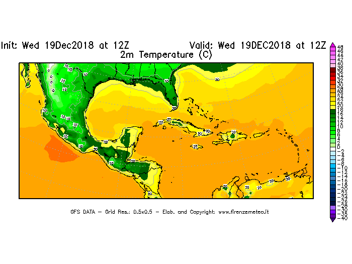 Mappa di analisi GFS - Temperatura a 2 metri dal suolo [°C] in Centro-America
							del 19/12/2018 12 <!--googleoff: index-->UTC<!--googleon: index-->