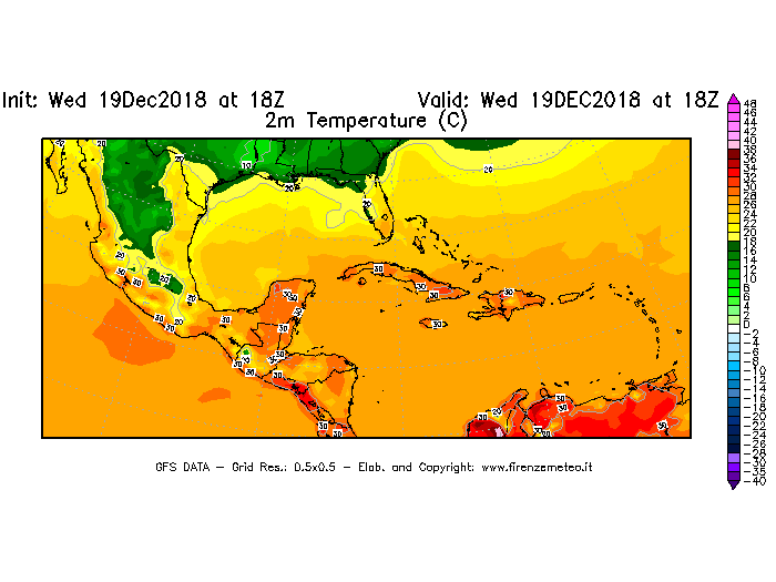 Mappa di analisi GFS - Temperatura a 2 metri dal suolo [°C] in Centro-America
							del 19/12/2018 18 <!--googleoff: index-->UTC<!--googleon: index-->