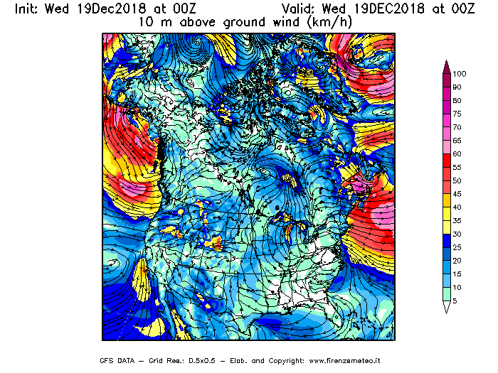 Mappa di analisi GFS - Velocità del vento a 10 metri dal suolo [km/h] in Nord-America
							del 19/12/2018 00 <!--googleoff: index-->UTC<!--googleon: index-->