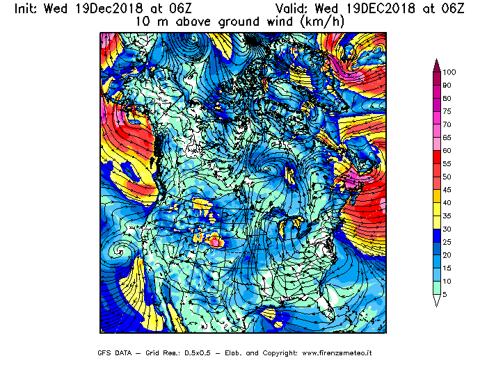 Mappa di analisi GFS - Velocità del vento a 10 metri dal suolo [km/h] in Nord-America
							del 19/12/2018 06 <!--googleoff: index-->UTC<!--googleon: index-->