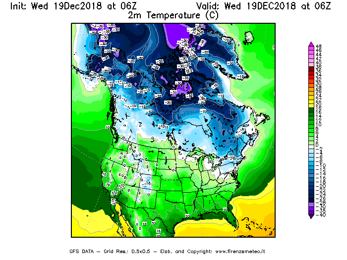 Mappa di analisi GFS - Temperatura a 2 metri dal suolo [°C] in Nord-America
							del 19/12/2018 06 <!--googleoff: index-->UTC<!--googleon: index-->