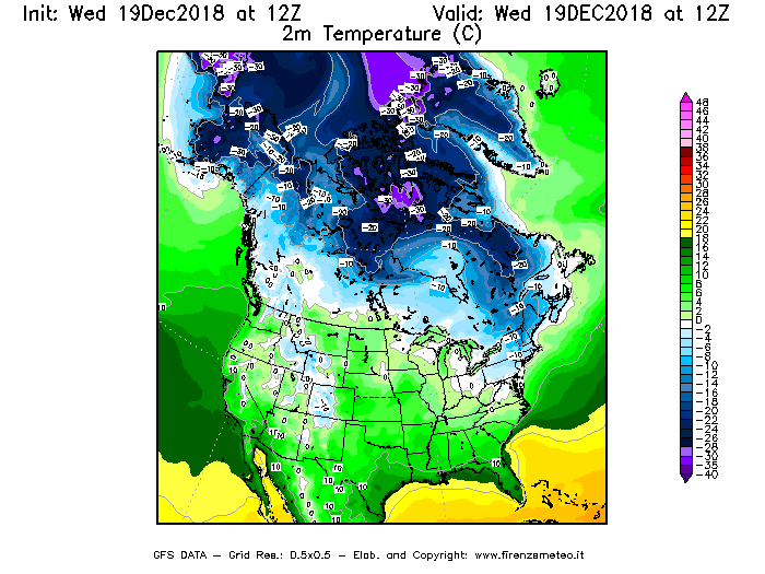 Mappa di analisi GFS - Temperatura a 2 metri dal suolo [°C] in Nord-America
							del 19/12/2018 12 <!--googleoff: index-->UTC<!--googleon: index-->