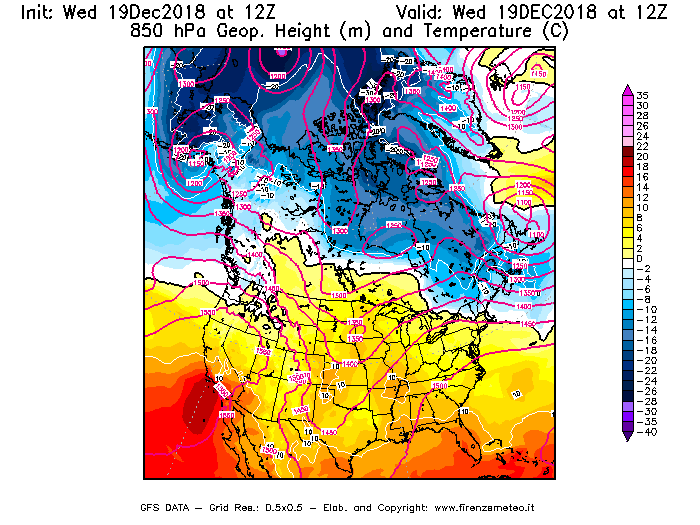 Mappa di analisi GFS - Geopotenziale [m] e Temperatura [°C] a 850 hPa in Nord-America
							del 19/12/2018 12 <!--googleoff: index-->UTC<!--googleon: index-->