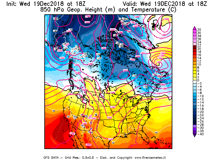 Mappa di analisi GFS - Geopotenziale [m] e Temperatura [°C] a 850 hPa in Nord-America
							del 19/12/2018 18 <!--googleoff: index-->UTC<!--googleon: index-->