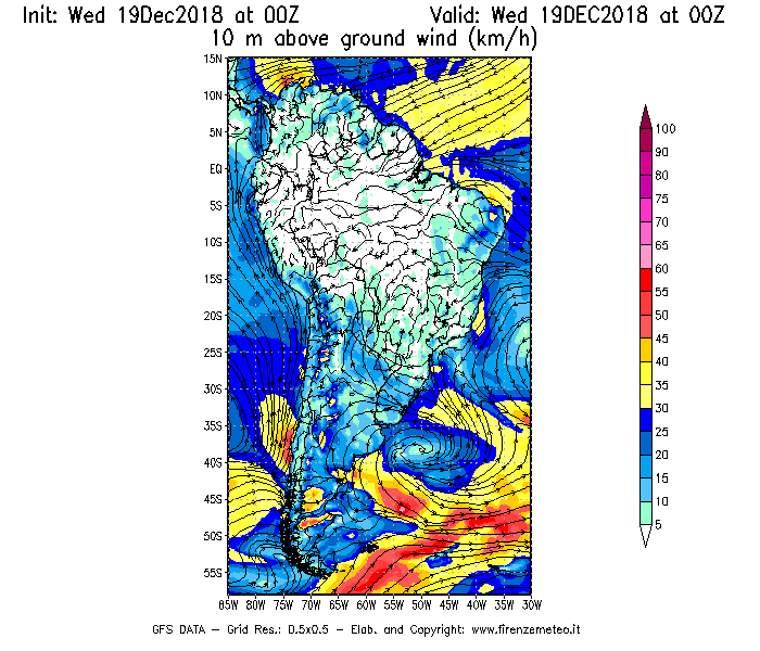 Mappa di analisi GFS - Velocità del vento a 10 metri dal suolo [km/h] in Sud-America
							del 19/12/2018 00 <!--googleoff: index-->UTC<!--googleon: index-->