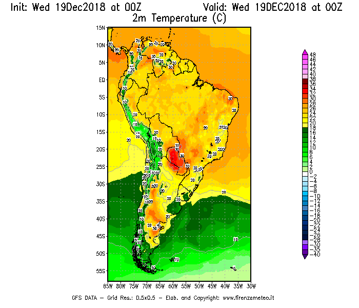 Mappa di analisi GFS - Temperatura a 2 metri dal suolo [°C] in Sud-America
							del 19/12/2018 00 <!--googleoff: index-->UTC<!--googleon: index-->