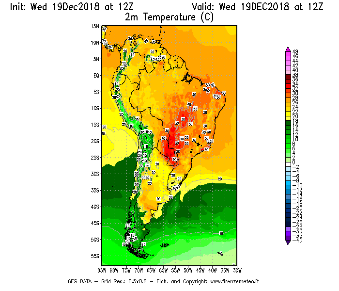 Mappa di analisi GFS - Temperatura a 2 metri dal suolo [°C] in Sud-America
							del 19/12/2018 12 <!--googleoff: index-->UTC<!--googleon: index-->