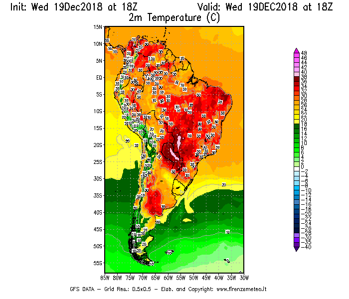Mappa di analisi GFS - Temperatura a 2 metri dal suolo [°C] in Sud-America
							del 19/12/2018 18 <!--googleoff: index-->UTC<!--googleon: index-->