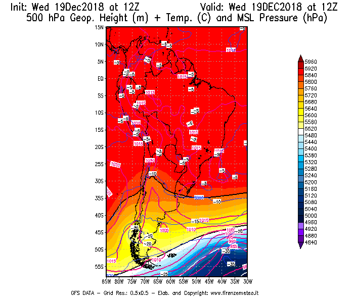Mappa di analisi GFS - Geopotenziale [m] + Temp. [°C] a 500 hPa + Press. a livello del mare [hPa] in Sud-America
							del 19/12/2018 12 <!--googleoff: index-->UTC<!--googleon: index-->