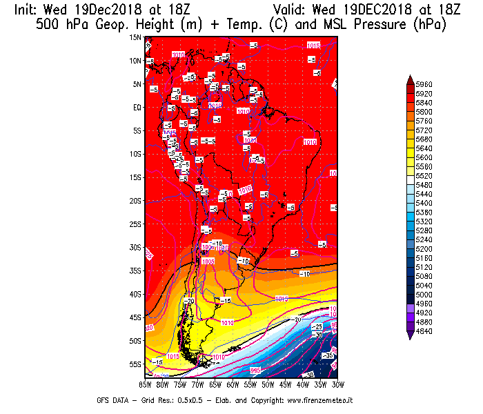 Mappa di analisi GFS - Geopotenziale [m] + Temp. [°C] a 500 hPa + Press. a livello del mare [hPa] in Sud-America
							del 19/12/2018 18 <!--googleoff: index-->UTC<!--googleon: index-->