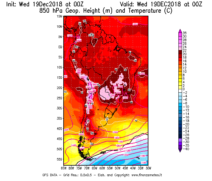 Mappa di analisi GFS - Geopotenziale [m] e Temperatura [°C] a 850 hPa in Sud-America
							del 19/12/2018 00 <!--googleoff: index-->UTC<!--googleon: index-->
