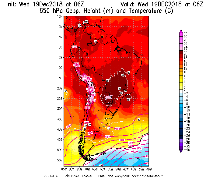 Mappa di analisi GFS - Geopotenziale [m] e Temperatura [°C] a 850 hPa in Sud-America
							del 19/12/2018 06 <!--googleoff: index-->UTC<!--googleon: index-->