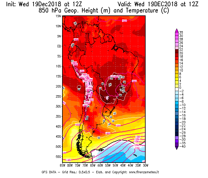 Mappa di analisi GFS - Geopotenziale [m] e Temperatura [°C] a 850 hPa in Sud-America
							del 19/12/2018 12 <!--googleoff: index-->UTC<!--googleon: index-->