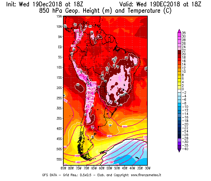 Mappa di analisi GFS - Geopotenziale [m] e Temperatura [°C] a 850 hPa in Sud-America
							del 19/12/2018 18 <!--googleoff: index-->UTC<!--googleon: index-->