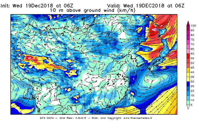 Mappa di analisi GFS - Velocità del vento a 10 metri dal suolo [km/h] in Asia Orientale
							del 19/12/2018 06 <!--googleoff: index-->UTC<!--googleon: index-->