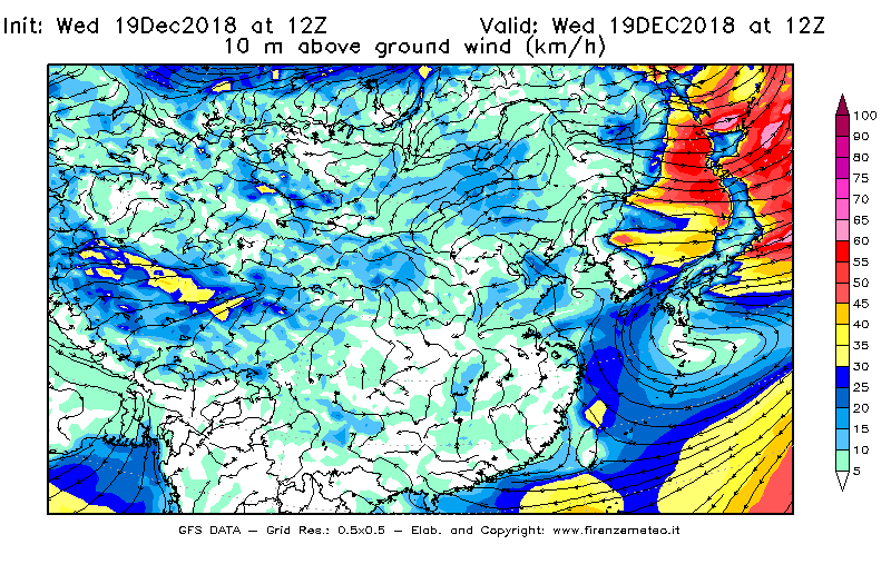 Mappa di analisi GFS - Velocità del vento a 10 metri dal suolo [km/h] in Asia Orientale
							del 19/12/2018 12 <!--googleoff: index-->UTC<!--googleon: index-->