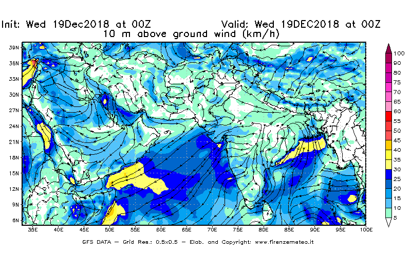 Mappa di analisi GFS - Velocità del vento a 10 metri dal suolo [km/h] in Asia Sud-Occidentale
							del 19/12/2018 00 <!--googleoff: index-->UTC<!--googleon: index-->