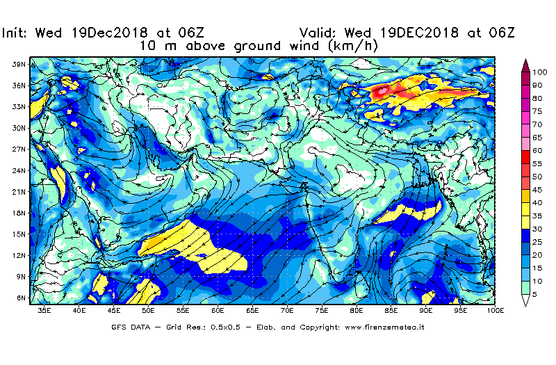 Mappa di analisi GFS - Velocità del vento a 10 metri dal suolo [km/h] in Asia Sud-Occidentale
							del 19/12/2018 06 <!--googleoff: index-->UTC<!--googleon: index-->