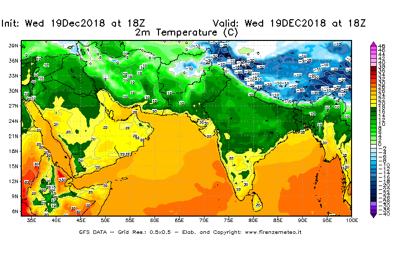 Mappa di analisi GFS - Temperatura a 2 metri dal suolo [°C] in Asia Sud-Occidentale
							del 19/12/2018 18 <!--googleoff: index-->UTC<!--googleon: index-->