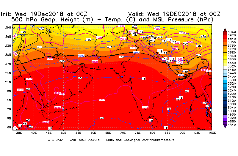 Mappa di analisi GFS - Geopotenziale [m] + Temp. [°C] a 500 hPa + Press. a livello del mare [hPa] in Asia Sud-Occidentale
							del 19/12/2018 00 <!--googleoff: index-->UTC<!--googleon: index-->