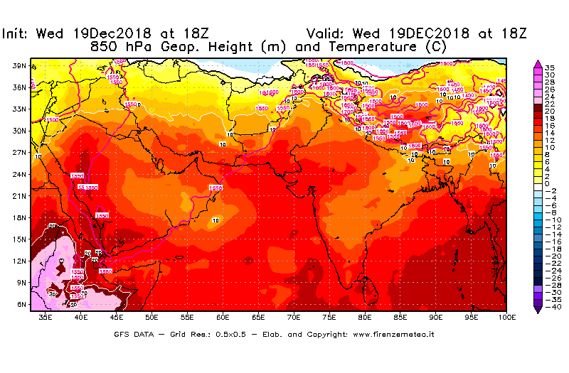 Mappa di analisi GFS - Geopotenziale [m] e Temperatura [°C] a 850 hPa in Asia Sud-Occidentale
							del 19/12/2018 18 <!--googleoff: index-->UTC<!--googleon: index-->
