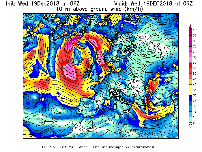 Mappa di analisi GFS - Velocità del vento a 10 metri dal suolo [km/h] in Europa
							del 19/12/2018 06 <!--googleoff: index-->UTC<!--googleon: index-->