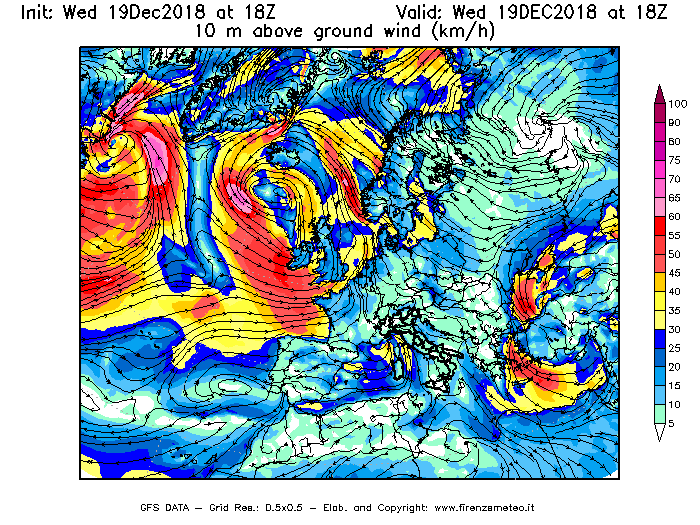 Mappa di analisi GFS - Velocità del vento a 10 metri dal suolo [km/h] in Europa
							del 19/12/2018 18 <!--googleoff: index-->UTC<!--googleon: index-->