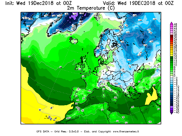 Mappa di analisi GFS - Temperatura a 2 metri dal suolo [°C] in Europa
							del 19/12/2018 00 <!--googleoff: index-->UTC<!--googleon: index-->