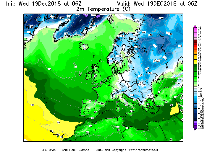 Mappa di analisi GFS - Temperatura a 2 metri dal suolo [°C] in Europa
							del 19/12/2018 06 <!--googleoff: index-->UTC<!--googleon: index-->