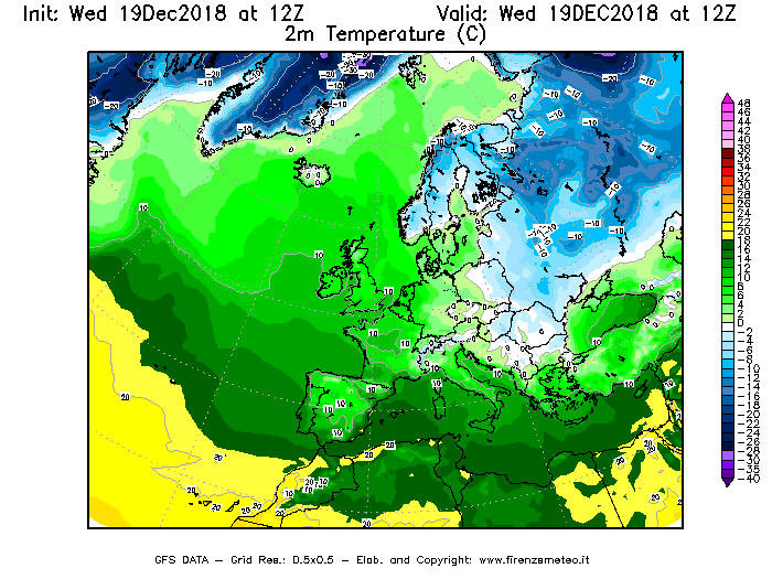 Mappa di analisi GFS - Temperatura a 2 metri dal suolo [°C] in Europa
							del 19/12/2018 12 <!--googleoff: index-->UTC<!--googleon: index-->