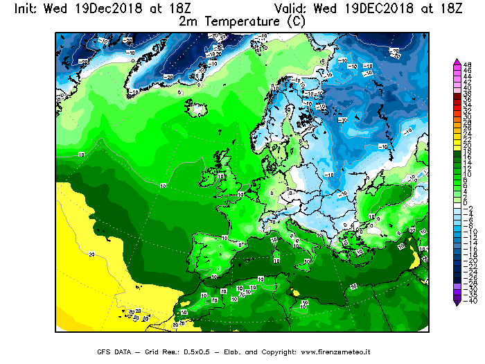 Mappa di analisi GFS - Temperatura a 2 metri dal suolo [°C] in Europa
							del 19/12/2018 18 <!--googleoff: index-->UTC<!--googleon: index-->
