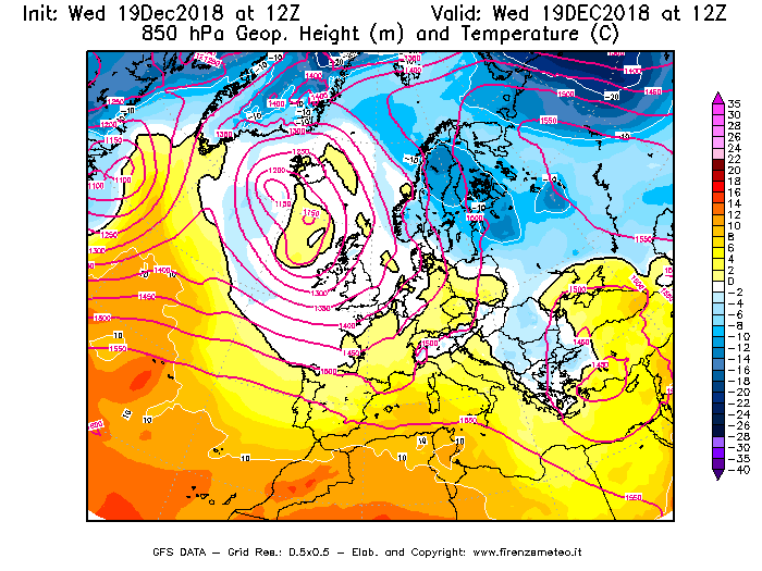 Mappa di analisi GFS - Geopotenziale [m] e Temperatura [°C] a 850 hPa in Europa
							del 19/12/2018 12 <!--googleoff: index-->UTC<!--googleon: index-->