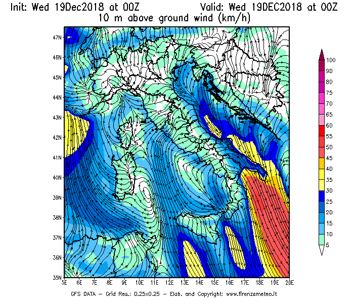 Mappa di analisi GFS - Velocità del vento a 10 metri dal suolo [km/h] in Italia
							del 19/12/2018 00 <!--googleoff: index-->UTC<!--googleon: index-->