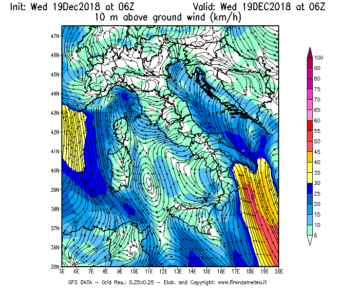 Mappa di analisi GFS - Velocità del vento a 10 metri dal suolo [km/h] in Italia
							del 19/12/2018 06 <!--googleoff: index-->UTC<!--googleon: index-->