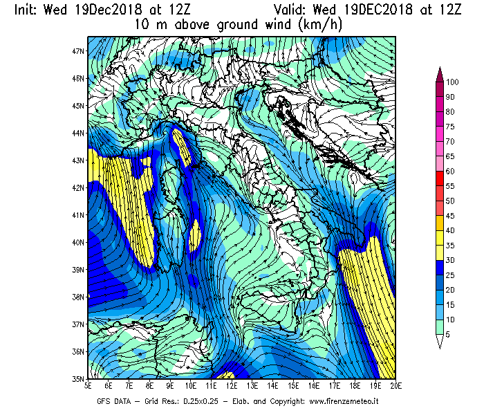 Mappa di analisi GFS - Velocità del vento a 10 metri dal suolo [km/h] in Italia
							del 19/12/2018 12 <!--googleoff: index-->UTC<!--googleon: index-->