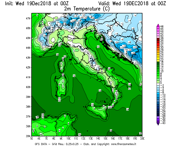 Mappa di analisi GFS - Temperatura a 2 metri dal suolo [°C] in Italia
							del 19/12/2018 00 <!--googleoff: index-->UTC<!--googleon: index-->