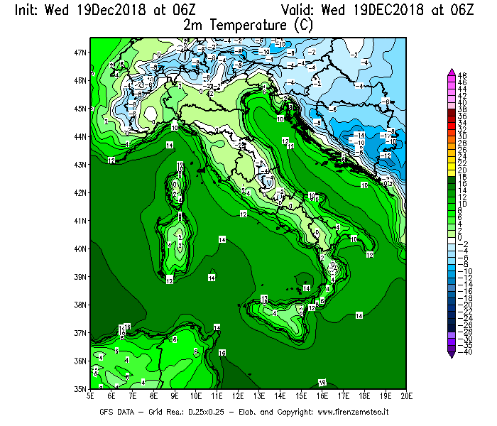 Mappa di analisi GFS - Temperatura a 2 metri dal suolo [°C] in Italia
							del 19/12/2018 06 <!--googleoff: index-->UTC<!--googleon: index-->