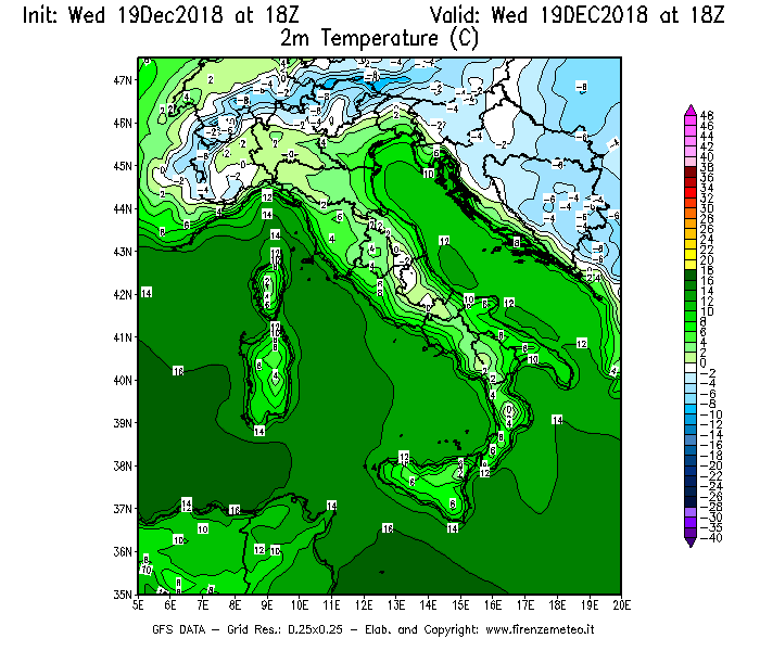 Mappa di analisi GFS - Temperatura a 2 metri dal suolo [°C] in Italia
							del 19/12/2018 18 <!--googleoff: index-->UTC<!--googleon: index-->